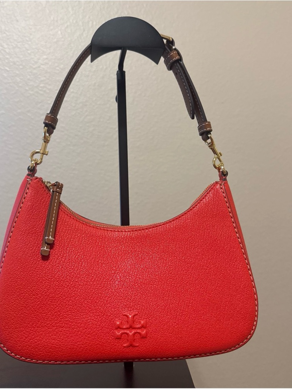 Tory Burch Red Orange Pebbled Leather Shoulder Bag